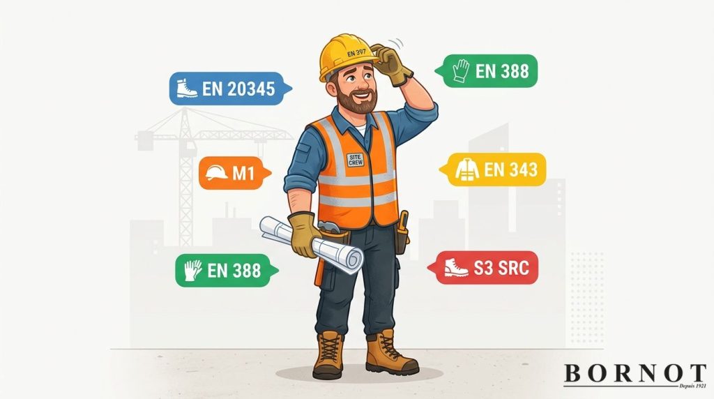 Illustration guide des normes EPI — ouvrier avec casque EN 397, gilet haute visibilité, gants EN 388 et chaussures de sécurité S3 SRC — Bornot