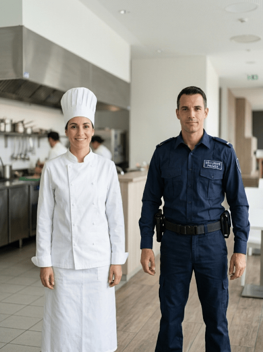 Vêtements professionnels Bornot — cheffe cuisinière et agent de sécurité privée, Paris depuis 1921
